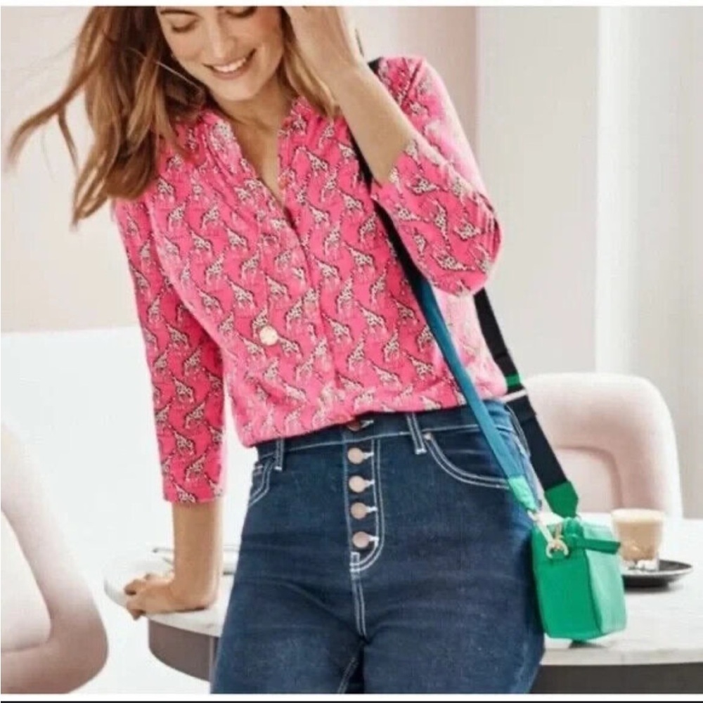 BODEN Bay Jersey Pink Safari Giraffe Print Button Up Blouse Top US 2